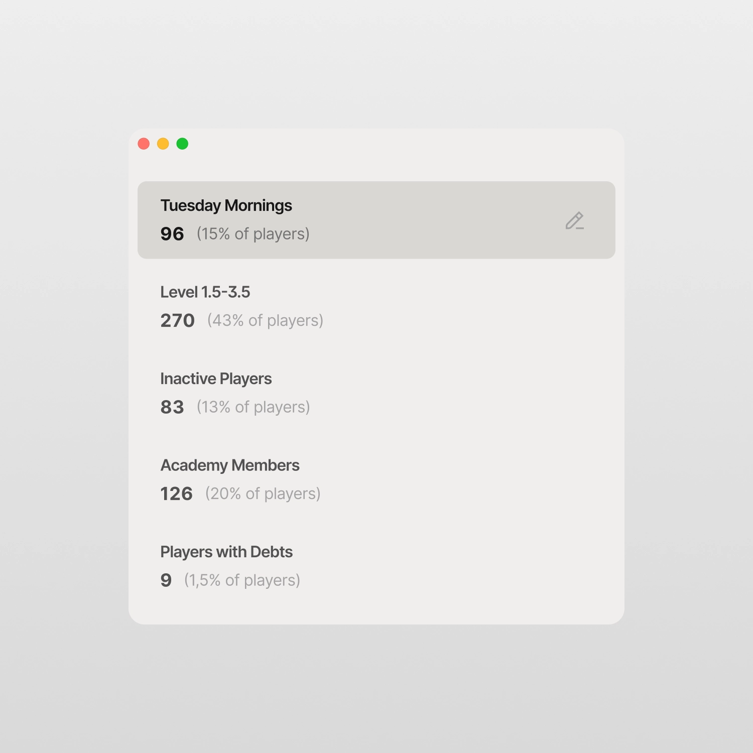 Player segments UI